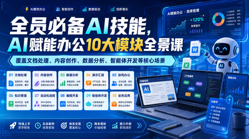 全员必备AI技能，AI赋能办公10大模块全景课，覆盖文档处理、内容创作、数据分析、智能体开发等核心场景-得宝资源站