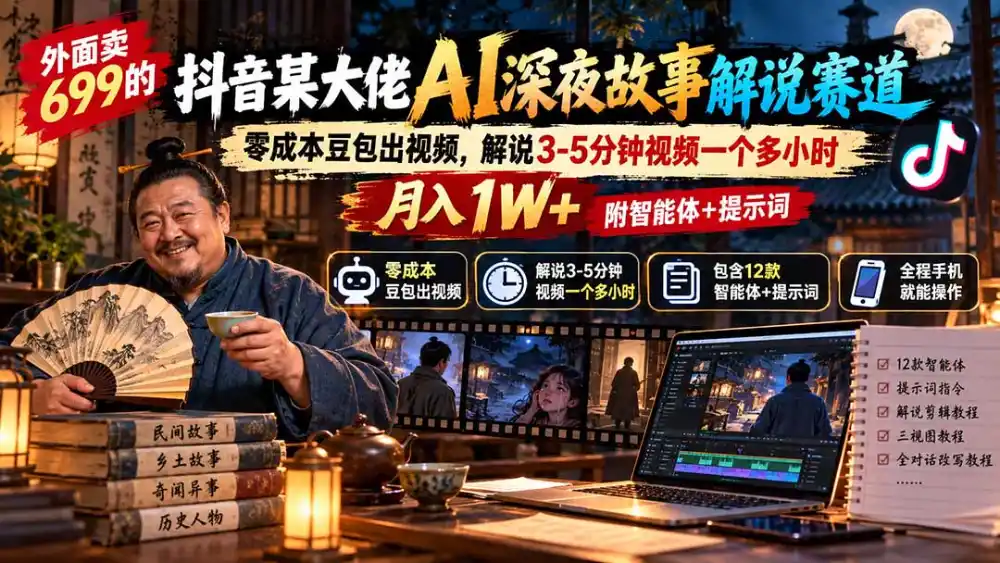 外面卖699抖音某大佬AI深夜故事解说赛道-更新：0成本豆包出视频+解说3-5分钟视频一个多小时，月入1W+附智能体+提示词-得宝资源站