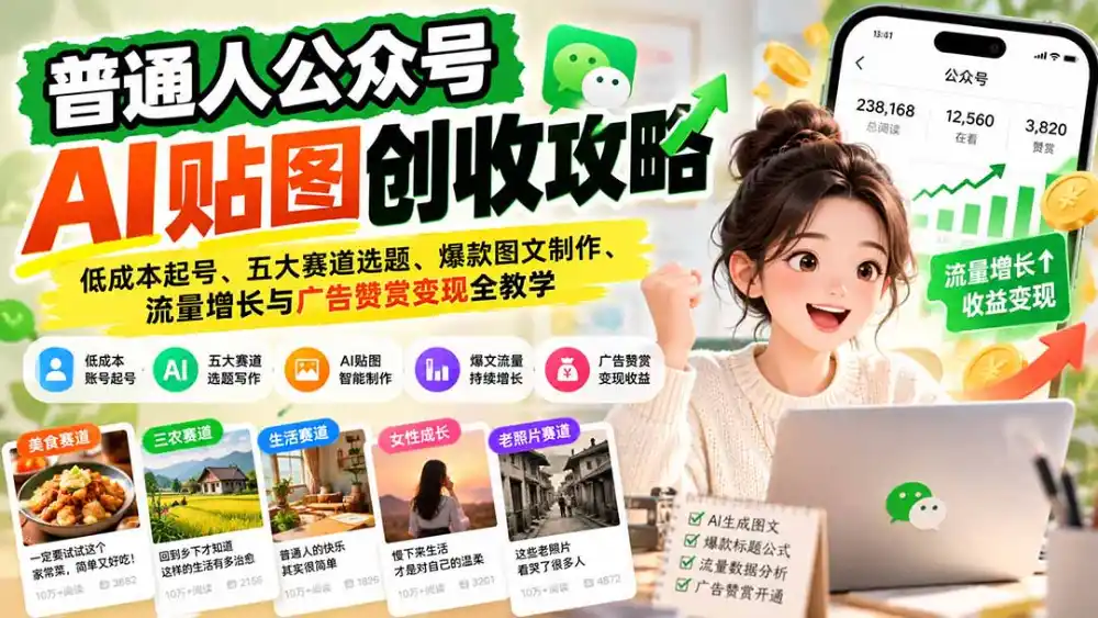 普通人公众号AI贴图创收攻略：低成本起号、五大赛道选题、爆款图文制作、流量增长与广告赞赏变现全教学-得宝资源站