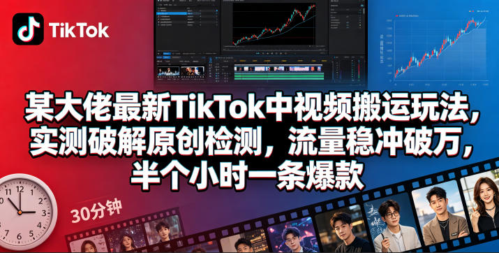 某大佬最新TikTok中视频搬运玩法，实测破解原创检测，流量稳冲破万，半个小时一条爆款-得宝资源站