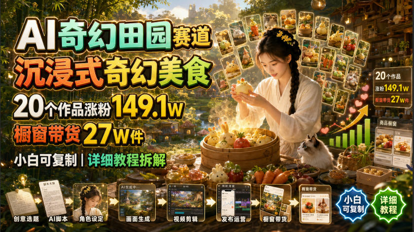 AI奇幻田园赛道，沉浸式奇幻美食，20个作品涨粉149.1W，橱窗带货27W件，小白可复制，详细教程拆解-得宝资源站