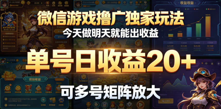 微信游戏撸广独家玩法，今天做明天就能出收益，单号日收益20+，可多号矩阵放大-得宝资源站