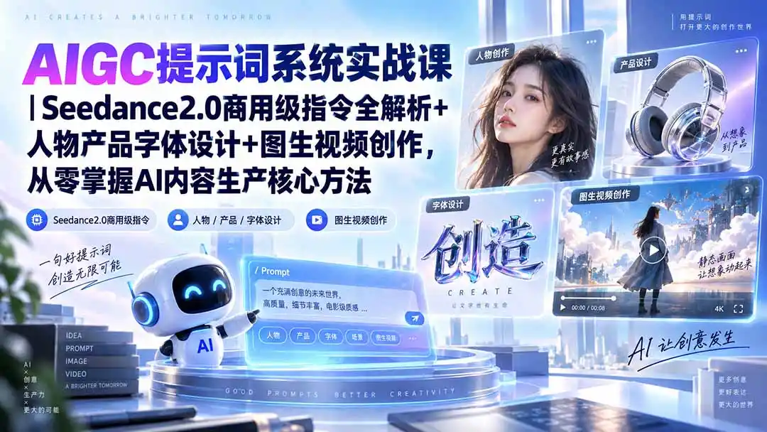 AIGC提示词系统实战课-无水印｜Seedance2.0商用级指令全解析+人物产品字体设计+图生视频创作，掌握AI内容生产方法-得宝资源站