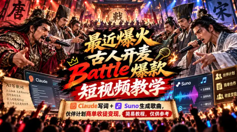 最近爆火古人开麦Battle爆款短视频教学，Claude写词+Suno生成歌曲，伙伴计划商单收徒变现，简易教程，仅供参考-得宝资源站