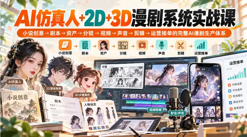 【无水印】AI仿真人+2D+3D漫剧系统实战课，小说创意→剧本→资产→分镜→视频→声音→剪辑→运营接单的完整AI漫剧生产体系-得宝资源站