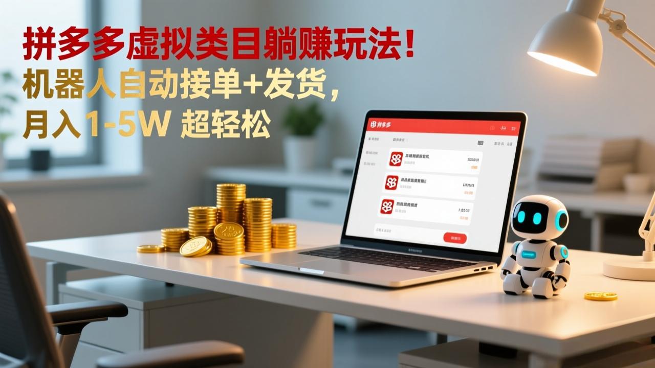 多多虚拟类目躺赚玩法！机器人自动接单+发货，月入 1-5W 超轻松-得宝资源站