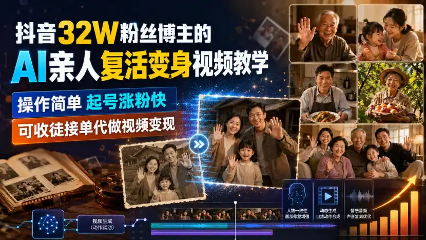 抖音32W粉丝博主的AI亲人复活变身视频教学，操作简单，起号涨粉快，可收徒接单代做视频变现-得宝资源站