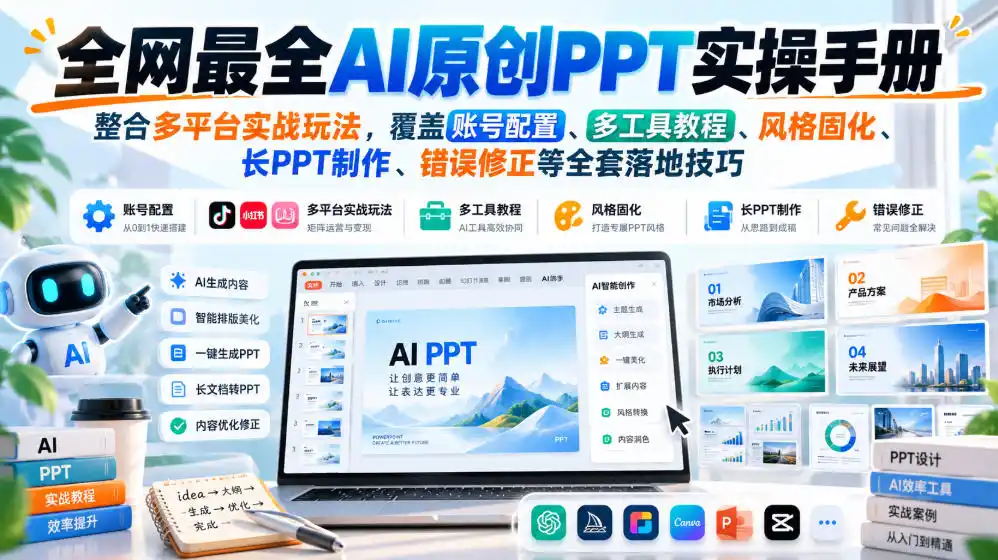 全网最全AI原创PPT实操手册,整合多平台实战玩法,覆盖账号配置、多工具教程、风格固化、长PPT制作、错误修正等全套落地技巧