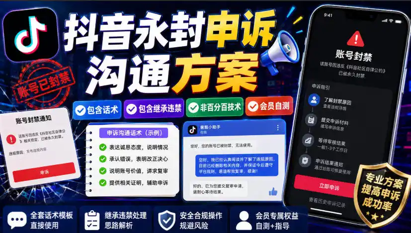 抖音永封申诉沟通方案，包含话术，包含继承违禁，非百分百技术，会员自测-得宝资源站