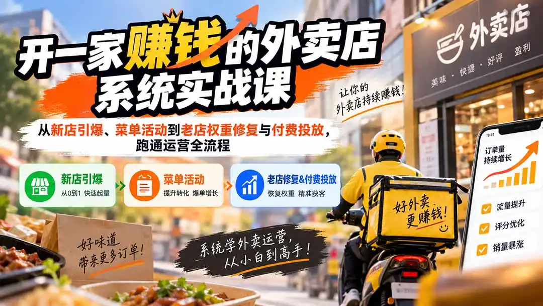 开一家赚钱的外卖店系统实战课：从新店引爆、菜单活动到老店权重修复与付费投放，跑通运营全流程-得宝资源站