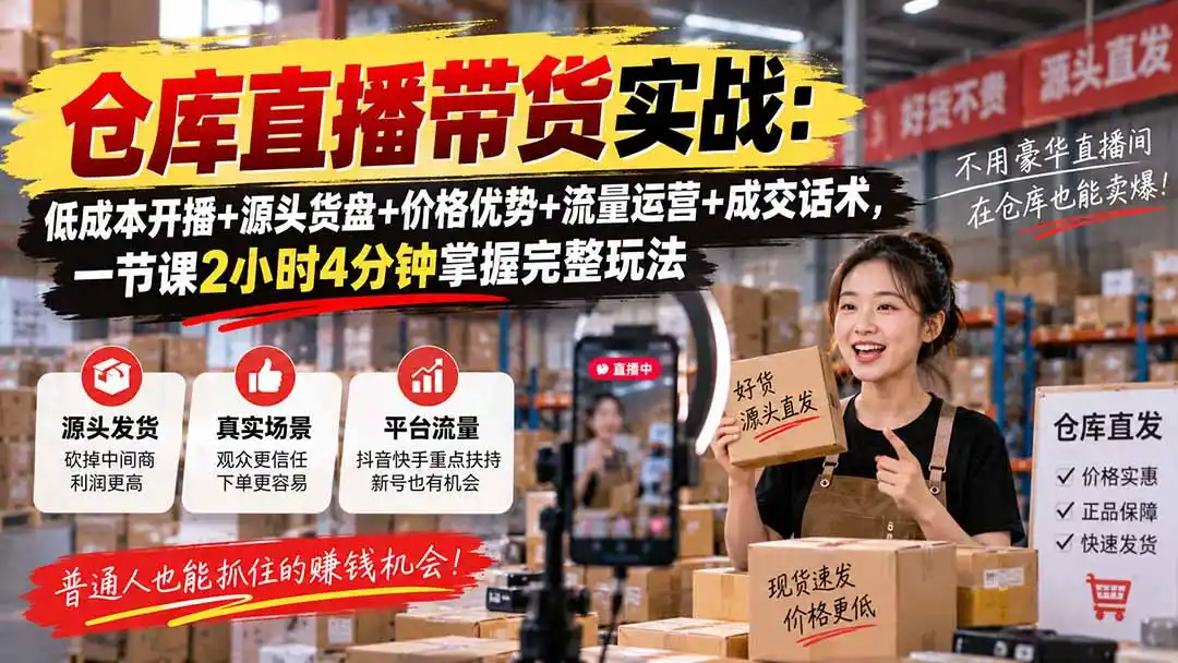 仓库直播带货实战：低成本开播+源头货盘+价格优势+流量运营+成交话术，一节课2小时4分钟掌握完整玩法-得宝资源站