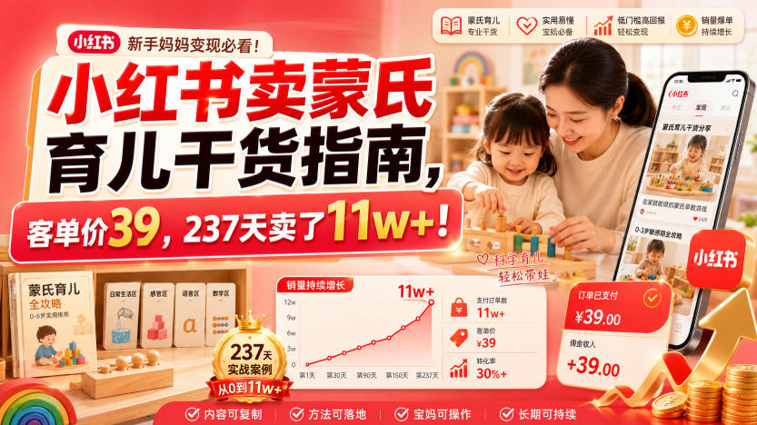 小红书卖蒙氏育儿干货指南，客单价39，237天卖了11w+！-得宝资源站