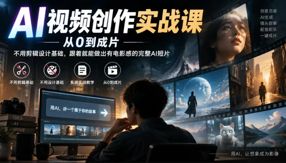 AI视频创作实战课，从0到成片，不用剪辑设计基础，跟着就能做出有电影感的完整AI短片-得宝资源站