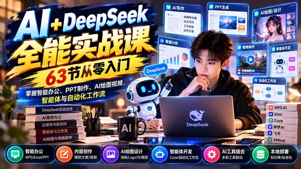 AI+DeepSeek全能实战课：63节从零入门，掌握智能办公、PPT制作、AI绘图视频、智能体与自动化工作流-得宝资源站