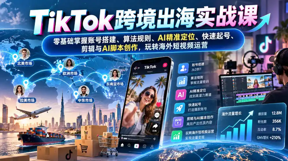 TikTok跨境出海实战课：零基础掌握账号搭建、算法规则、AI精准定位、快速起号、剪辑与AI脚本创作，玩转海外短视频运营-得宝资源站