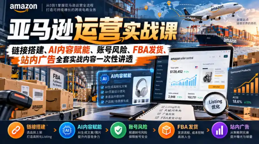 亚马逊运营实战课，链接搭建、AI内容赋能、账号风险、FBA发货、站内广告全套实战内容一次性讲透-得宝资源站