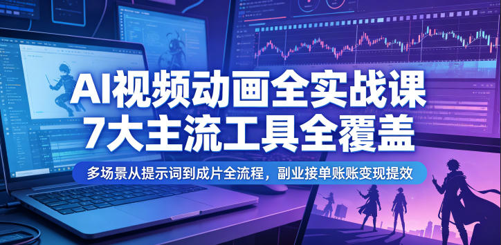 AI视频动画全实战课，7大主流工具全覆盖，多场景从提示词到成片全流程，副业接单账号变现提效-得宝资源站