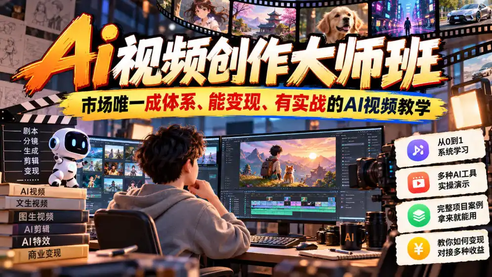 Ai视频创作大师班，市场唯一成体系、能变现、有实战的AI视频教学(更新2026)-得宝资源站
