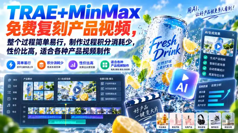 TRAE+MinMax免费复刻产品视频，整个过程简单易行，制作过程积分消耗少，性价比高，适合各种产品视频制作-得宝资源站