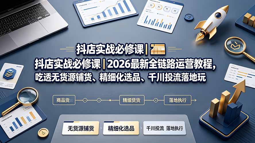 抖店实战必修课｜2026最新全链路运营教程，吃透无货源铺货、精细化选品、千川投流落地玩法-得宝资源站