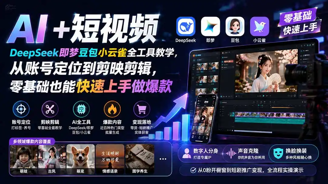 AI+短视频｜DeepSeek即梦豆包小云雀全工具教学，从账号定位到剪映剪辑，零基础也能快速上手做爆款-得宝资源站