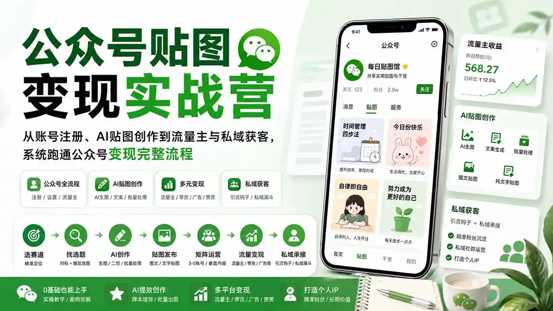 公众号贴图变现实战营：从账号注册、AI贴图创作到流量主与私域获客，系统跑通公众号变现完整流程-得宝资源站