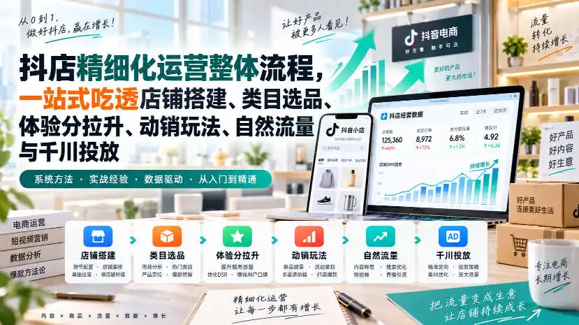 李哥电商-抖店精细化运营整体流程，一站式吃透店铺搭建、类目选品、体验分拉升、动销玩法、自然流量与千川投放-得宝资源站