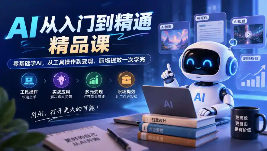 AI从入门到精通精品课，零基础学AI，从工具操作到变现、职场提效一次学完-得宝资源站