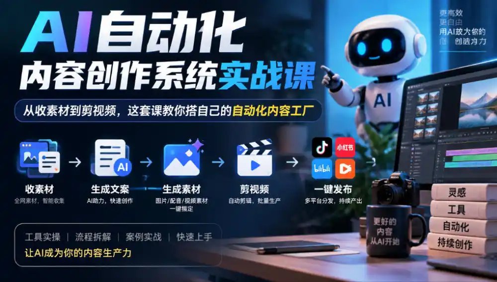 AI自动化内容创作系统实战课，从收素材到剪视频，这套课教你搭自己的自动化内容工厂-得宝资源站