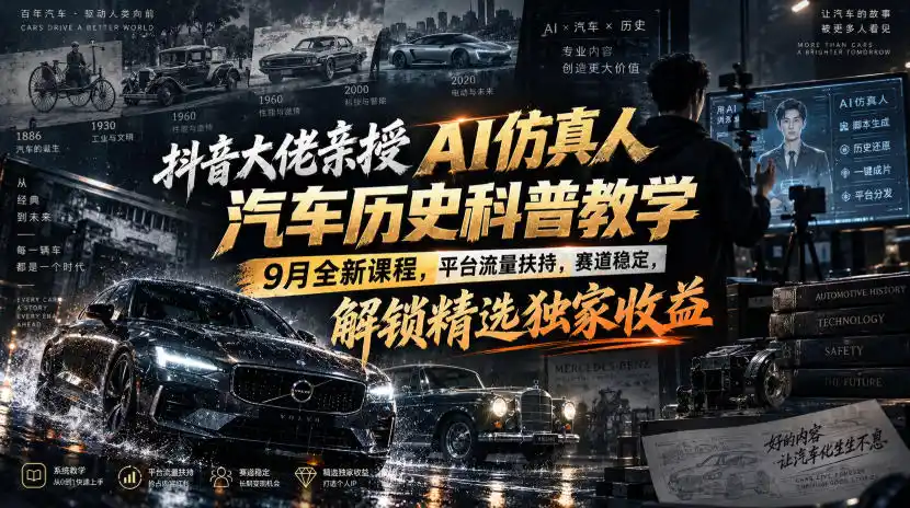 抖音大佬亲授AI仿真人汽车历史科普教学，9月全新课程，平台流量扶持，赛道稳定，解锁精选独家收益-得宝资源站
