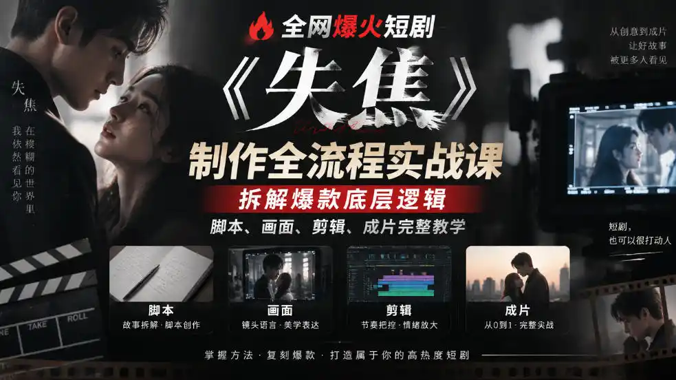 全网爆火短剧《失焦》制作全流程实战课｜拆解爆款底层逻辑，脚本、画面、剪辑、成片完整教学-得宝资源站