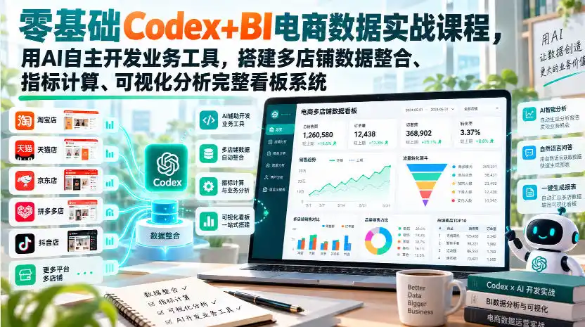 零基础Codex+BI电商数据实战课程，用AI自主开发业务工具，搭建多店铺数据整合、指标计算、可视化分析完整看板系统-得宝资源站