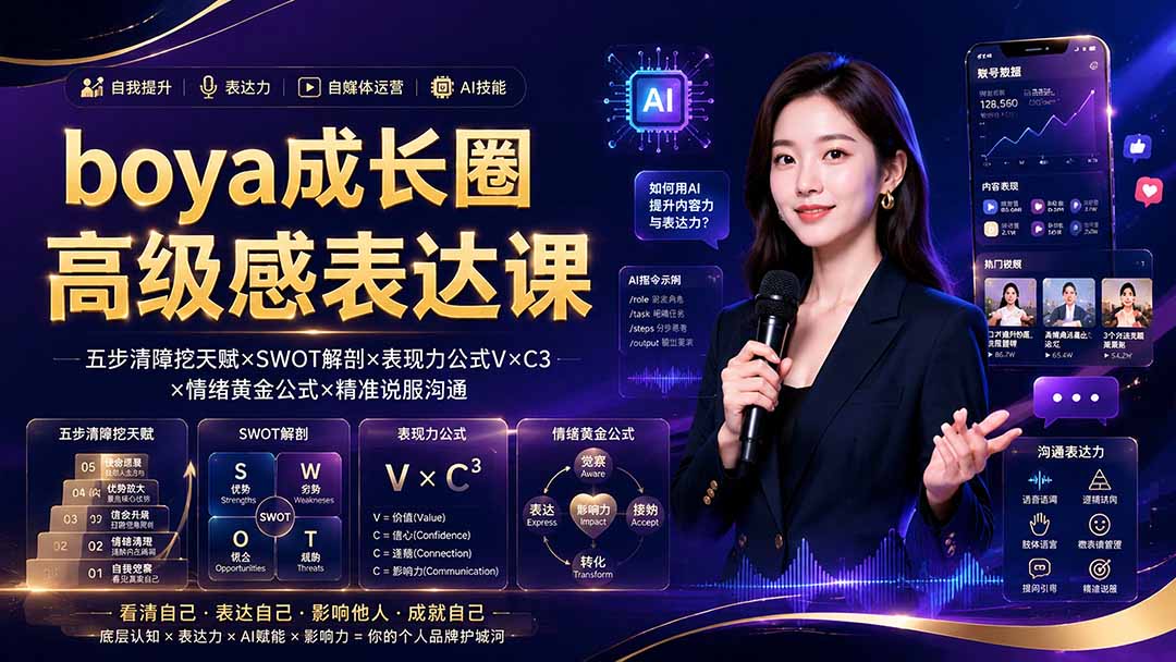 boya成长圈｜内心成长高级表达AI自媒体三合一，消解内耗挖掘天赋，镜头沟通AI指令短视频全流程教学-得宝资源站