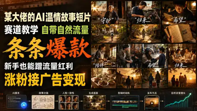 某大佬的AI温情故事短片赛道教学，自带自然流量，条条爆款，新手也能蹭流量红利，涨粉接广告变现-得宝资源站