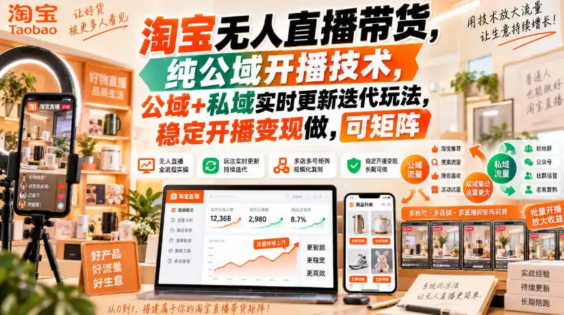 淘宝无人直播带货，纯公域开播技术，公域+私域实时更新迭代玩法，稳定开播变现做，可矩阵【揭秘】-得宝资源站