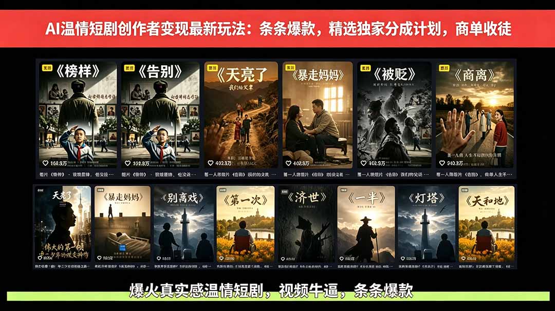 AI温情短剧创作者变现最新玩法：视频牛逼，条条爆款，精选独家分成计划，商单收徒-得宝资源站