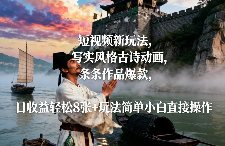 短视频新玩法，写实风格古诗动画，条条作品爆款，日收益轻松8张+玩法简单小白直接操作-得宝资源站
