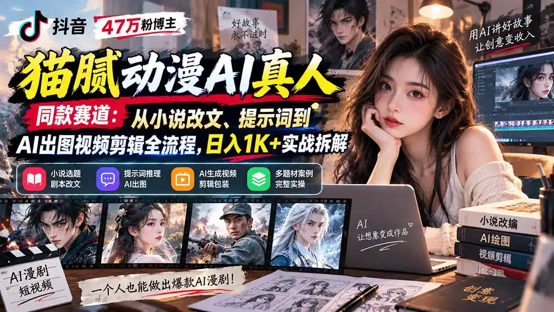 抖音47万粉博主猫腻动漫AI真人同款赛道：从小说改文、提示词到AI出图视频剪辑全流程，日入1K+实战拆解-得宝资源站