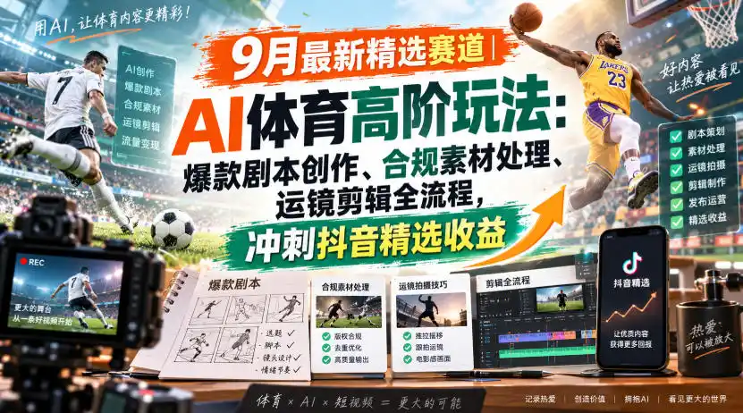 某大佬的9月最新精选赛道之AI体育顶级玩法，爆款剧本创作、版权规避、运镜剪辑全流程，稳拿抖音精选收益