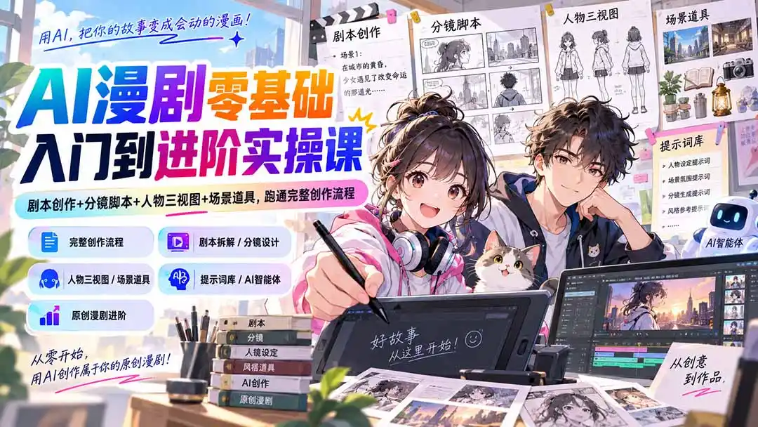 AI漫剧零基础入门到进阶实操课：剧本创作+分镜脚本+人物三视图+场景道具，跑通完整创作流程-得宝资源站
