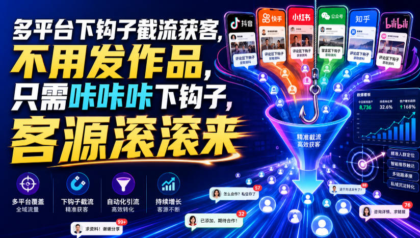 多平台下钩子截流获客，不用发作品，只需咔咔咔下钩子，客源滚滚来-得宝资源站