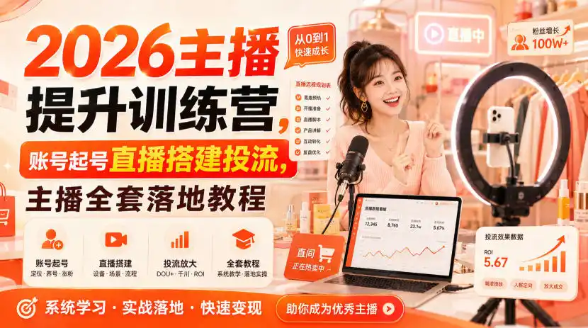 2026主播提升训练营，账号起号直播搭建投流，主播全套落地教程-得宝资源站