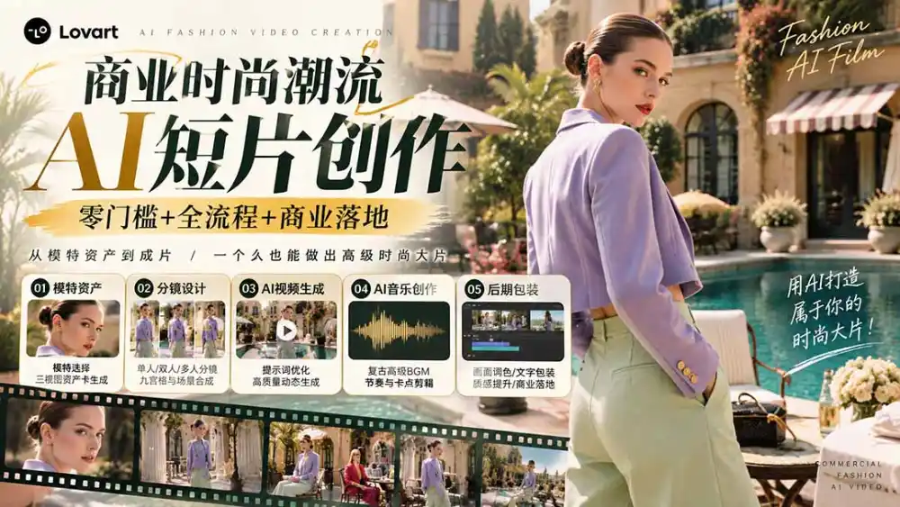 从一张模特图到高级时尚广告大片：AI三视图资产、场景合成、电影分镜、动态生成与复古音乐剪辑实战课-得宝资源站
