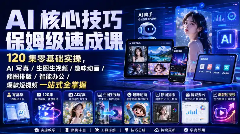 AI核心技巧保姆级速成课｜120集零基础实操，AI写真/生图生视频/趣味动画/修图排版/智能办公/爆款短视频一站式全掌握-得宝资源站