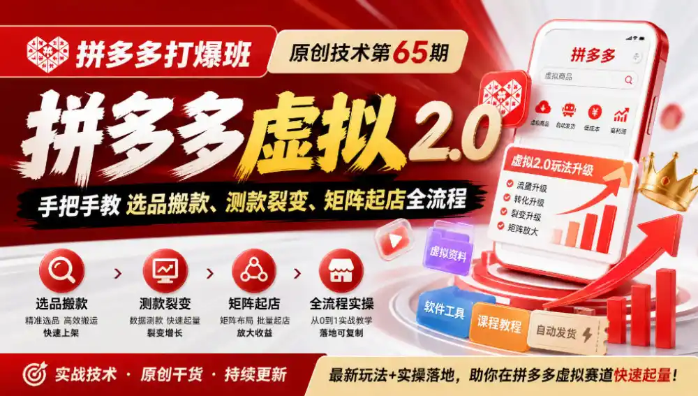 《拼多多打爆班》原创技术第65期，拼多多虚拟2.0，手把手教选品搬款、测款裂变、矩阵起店全流程-得宝资源站
