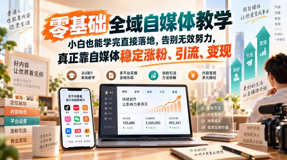 零基础全域自媒体教学，小白也能学完直接落地，告别无效努力，真正靠自媒体稳定涨粉、引流、变现-得宝资源站