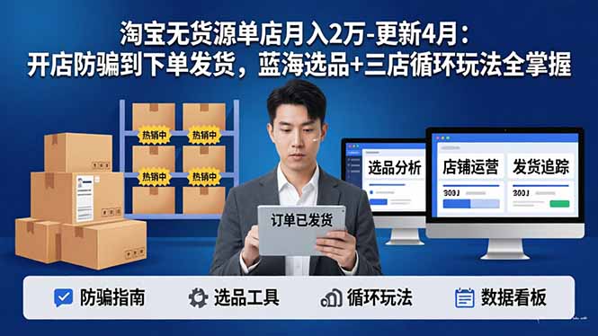 淘宝无货源5.0单店月入2万-更新4月：开店防骗到下单发货，蓝海选品+三店循环玩法全掌握-得宝资源站