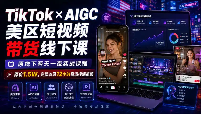 TikTok×AIGC美区短视频带货线下课，原线下两天一夜实战课程，原价1.5W，完整收录12小时高清授课视频-得宝资源站