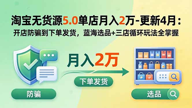 淘宝无货源5.0单店月入2万-更新5月：开店防骗到下单发货，蓝海选品+三店循环玩法全掌握-得宝资源站