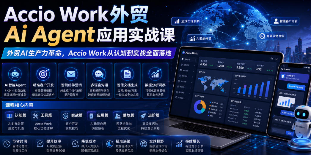 Accio Work外贸Ai Agent应用实战课，外贸AI生产力革命，Accio Work从认知到实战全面落地-得宝资源站